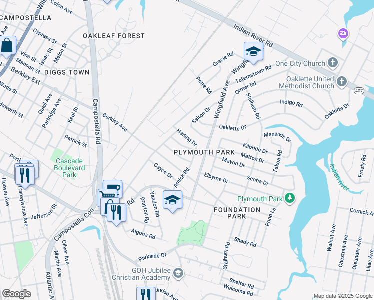 map of restaurants, bars, coffee shops, grocery stores, and more near 2514 Mayon Drive in Chesapeake