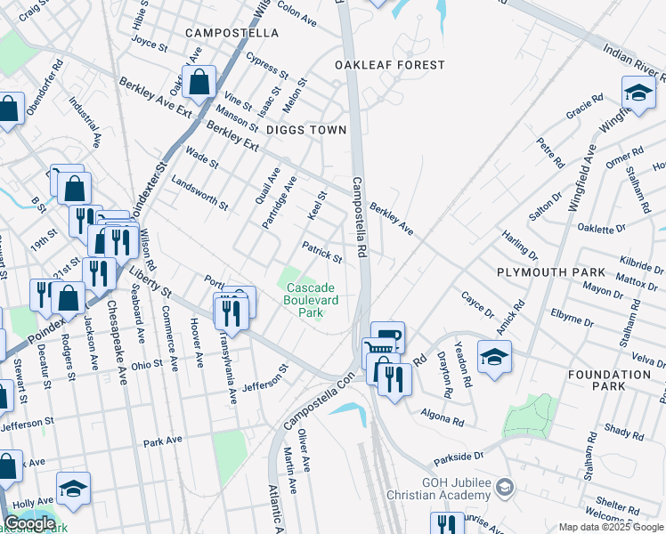 map of restaurants, bars, coffee shops, grocery stores, and more near 1010 Annette Street in Chesapeake
