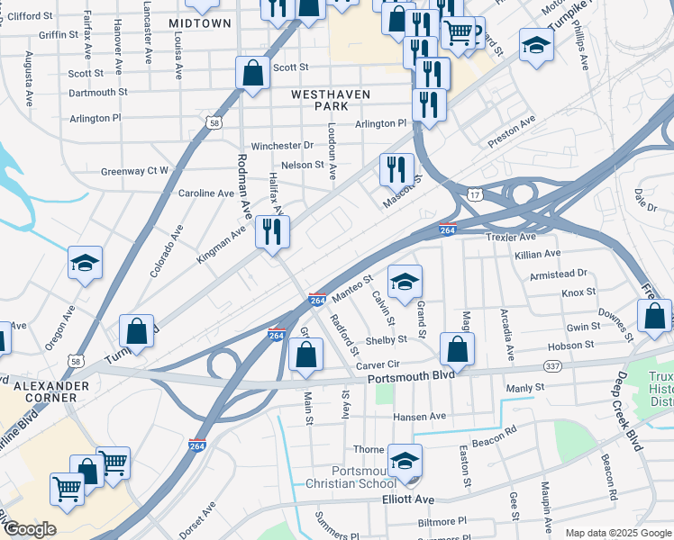 map of restaurants, bars, coffee shops, grocery stores, and more near Choate Street in Portsmouth