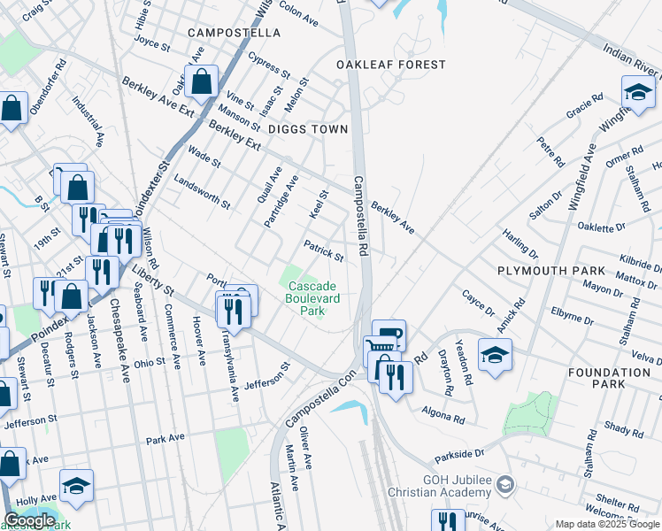 map of restaurants, bars, coffee shops, grocery stores, and more near 1010 Annette Street in Chesapeake