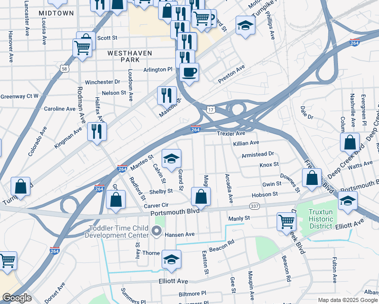 map of restaurants, bars, coffee shops, grocery stores, and more near 360 Carver Circle in Portsmouth