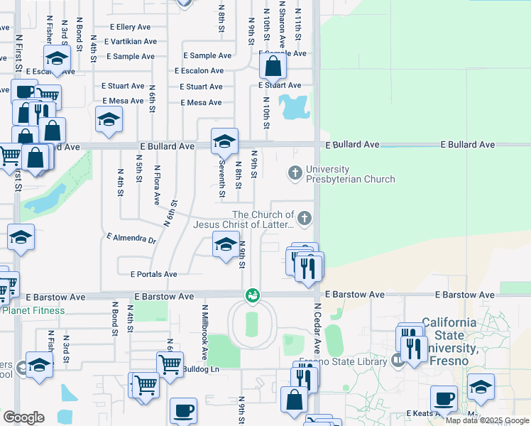 map of restaurants, bars, coffee shops, grocery stores, and more near 1674 East Roberts Avenue in Fresno