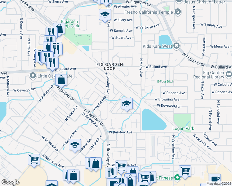 map of restaurants, bars, coffee shops, grocery stores, and more near 5680 North Brawley Avenue in Fresno
