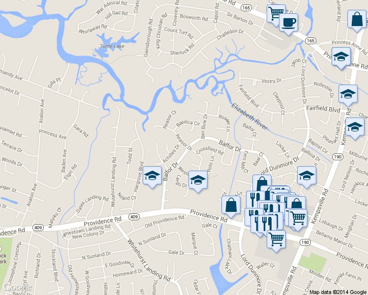 map of restaurants, bars, coffee shops, grocery stores, and more near 5340 Balfor Drive in Virginia Beach