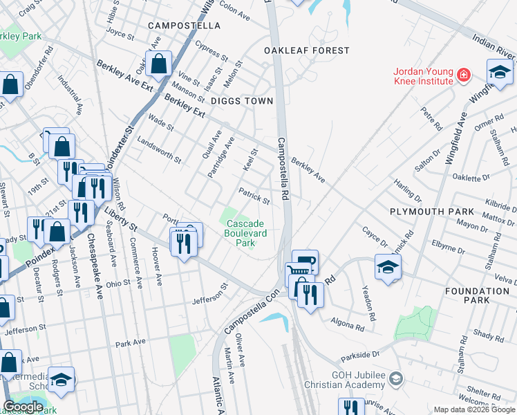 map of restaurants, bars, coffee shops, grocery stores, and more near 919 Oldwood Street in Chesapeake