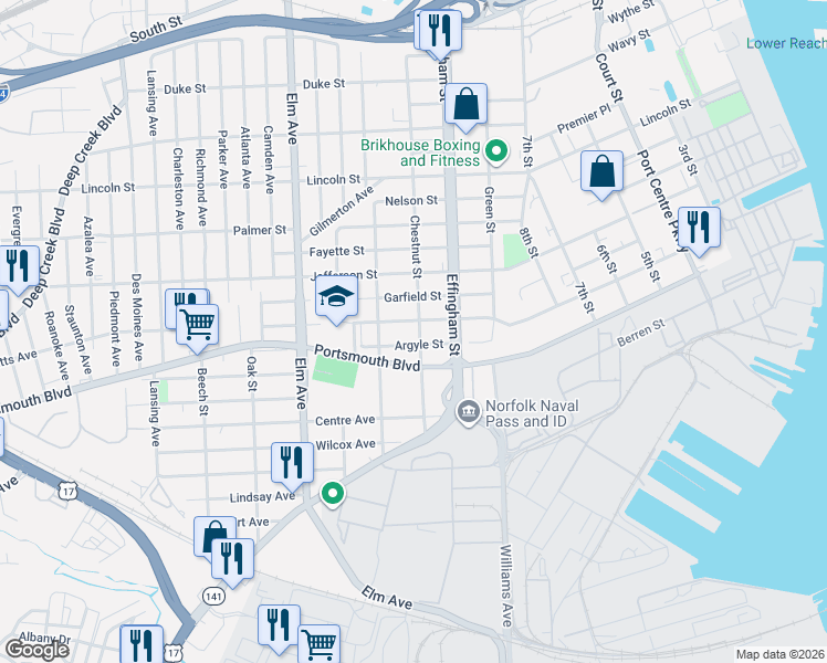 map of restaurants, bars, coffee shops, grocery stores, and more near 2408 Chestnut Street in Portsmouth