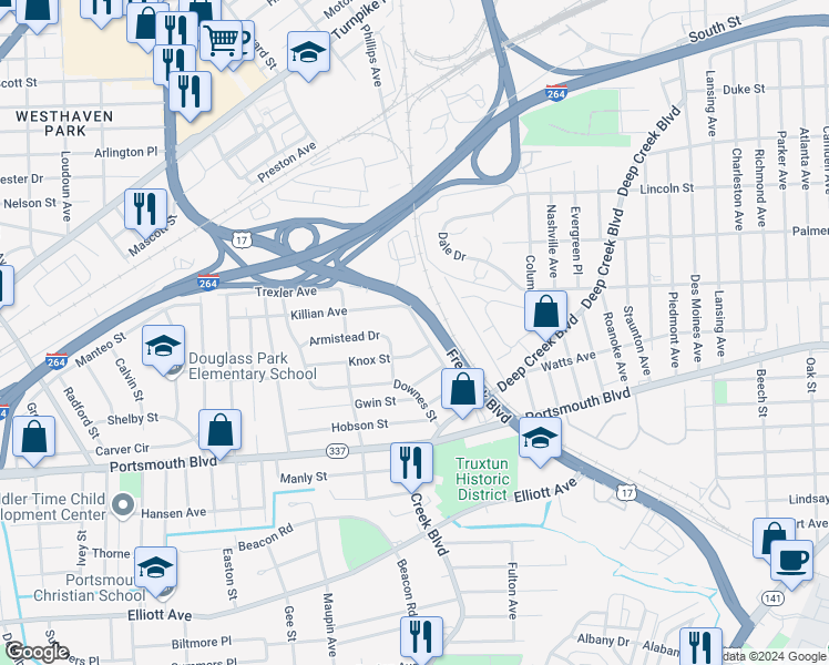 map of restaurants, bars, coffee shops, grocery stores, and more near 2720 Bagley Street in Portsmouth