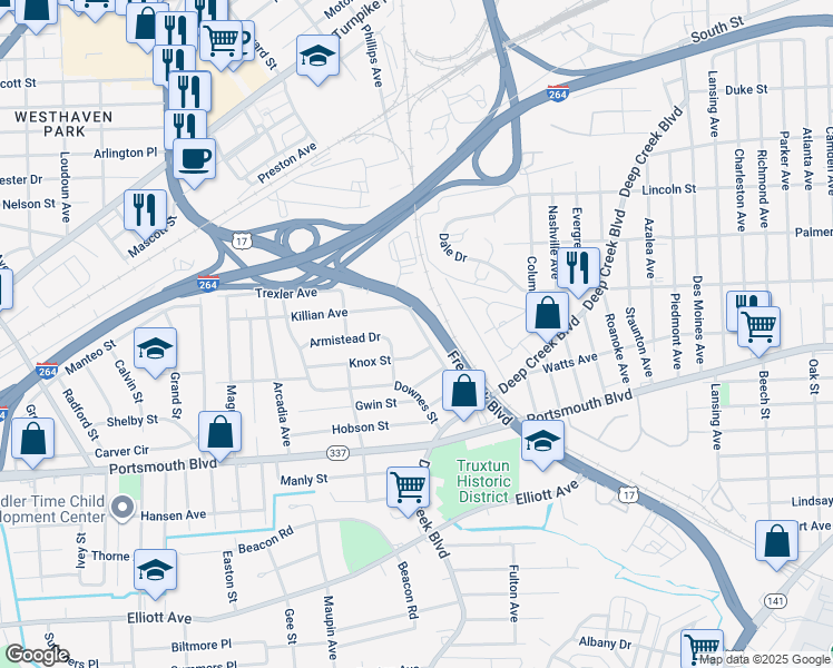 map of restaurants, bars, coffee shops, grocery stores, and more near 2720 Bagley Street in Portsmouth