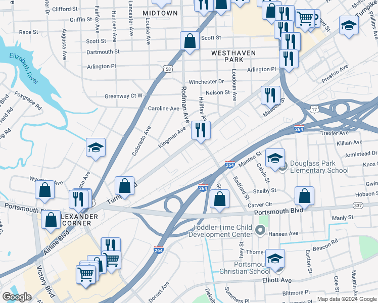 map of restaurants, bars, coffee shops, grocery stores, and more near 3717 Turnpike Road in Portsmouth