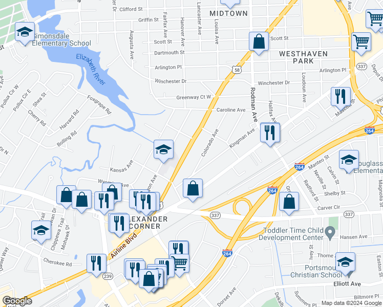map of restaurants, bars, coffee shops, grocery stores, and more near 2125 Airline Boulevard in Portsmouth