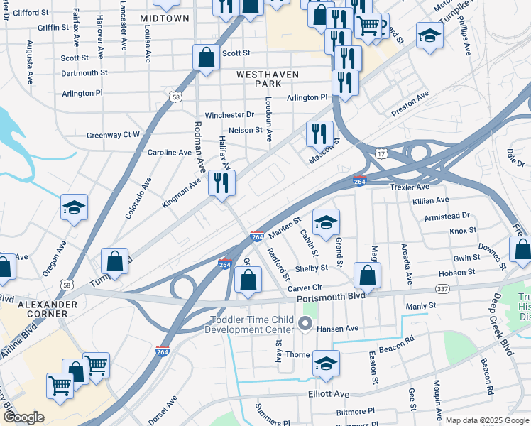 map of restaurants, bars, coffee shops, grocery stores, and more near 221 Choate Street in Portsmouth