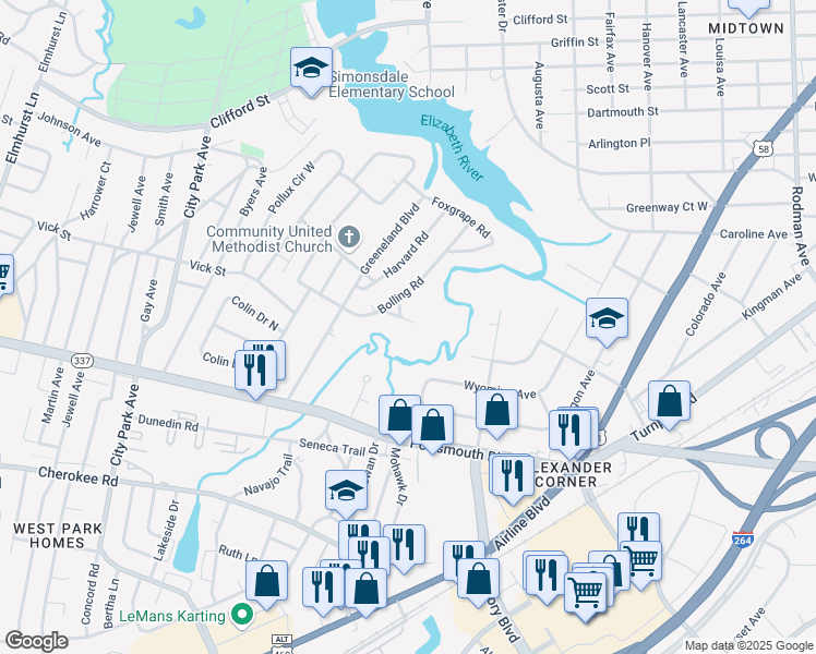 map of restaurants, bars, coffee shops, grocery stores, and more near 68 Bolling Road in Portsmouth