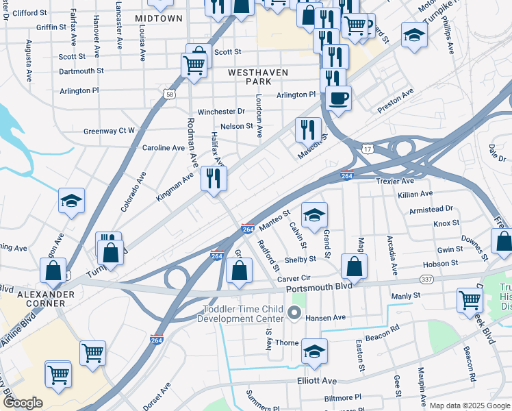 map of restaurants, bars, coffee shops, grocery stores, and more near 221 Choate Street in Portsmouth