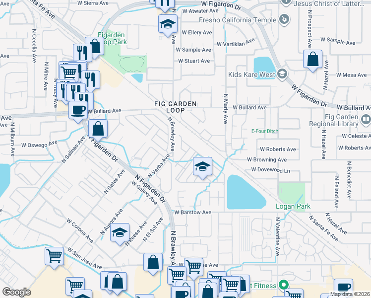 map of restaurants, bars, coffee shops, grocery stores, and more near 5680 North Brawley Avenue in Fresno