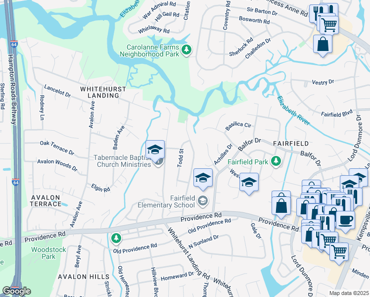 map of restaurants, bars, coffee shops, grocery stores, and more near 5429 Todd Street in Virginia Beach