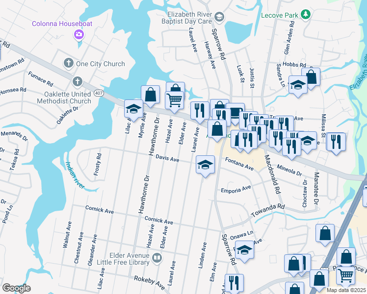 map of restaurants, bars, coffee shops, grocery stores, and more near 1126 Elder Avenue in Chesapeake