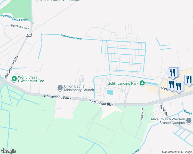 map of restaurants, bars, coffee shops, grocery stores, and more near 5231 Lombard Street in Chesapeake