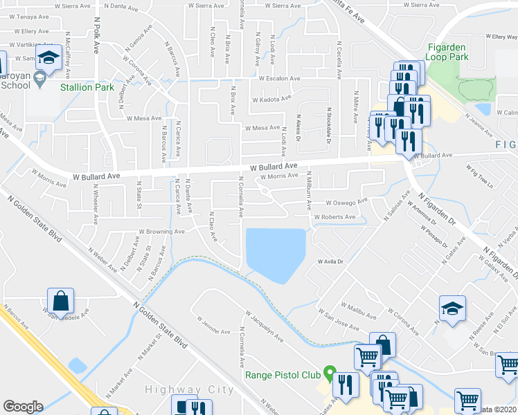 map of restaurants, bars, coffee shops, grocery stores, and more near 4777 West Oswego Avenue in Fresno