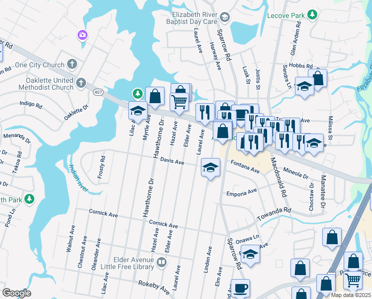 map of restaurants, bars, coffee shops, grocery stores, and more near 1126 Elder Avenue in Chesapeake