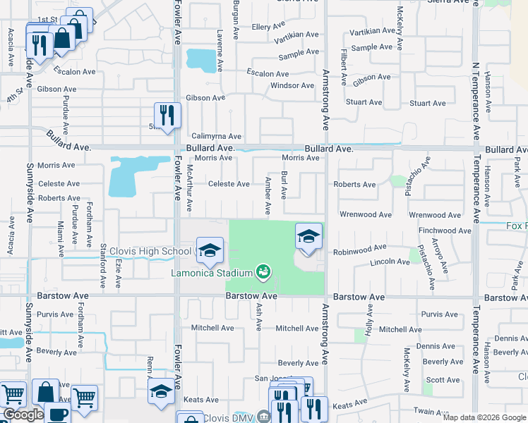 map of restaurants, bars, coffee shops, grocery stores, and more near 869 Amber Avenue in Clovis