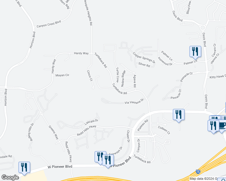 map of restaurants, bars, coffee shops, grocery stores, and more near 722 Turtleback Road in Mesquite