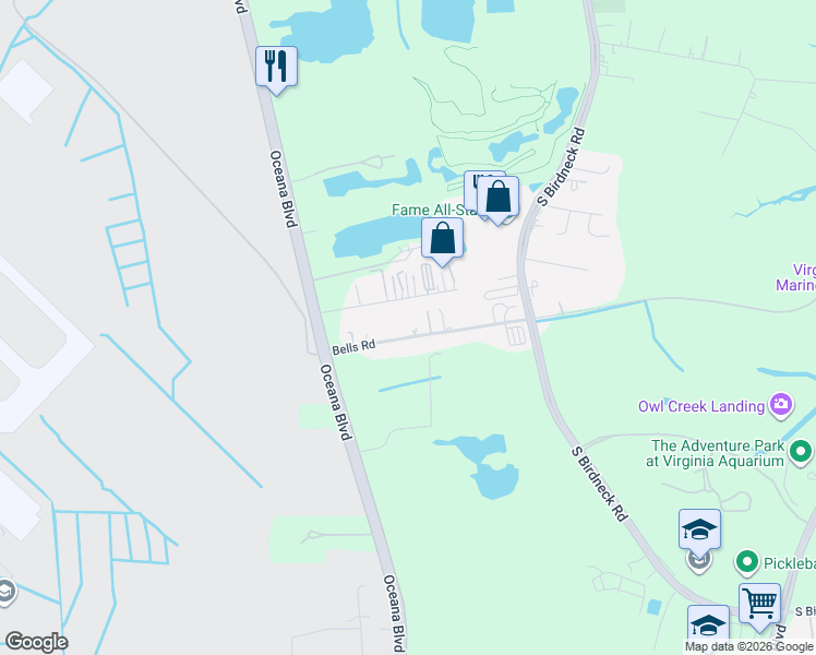 map of restaurants, bars, coffee shops, grocery stores, and more near 1293 Credle Road in Virginia Beach