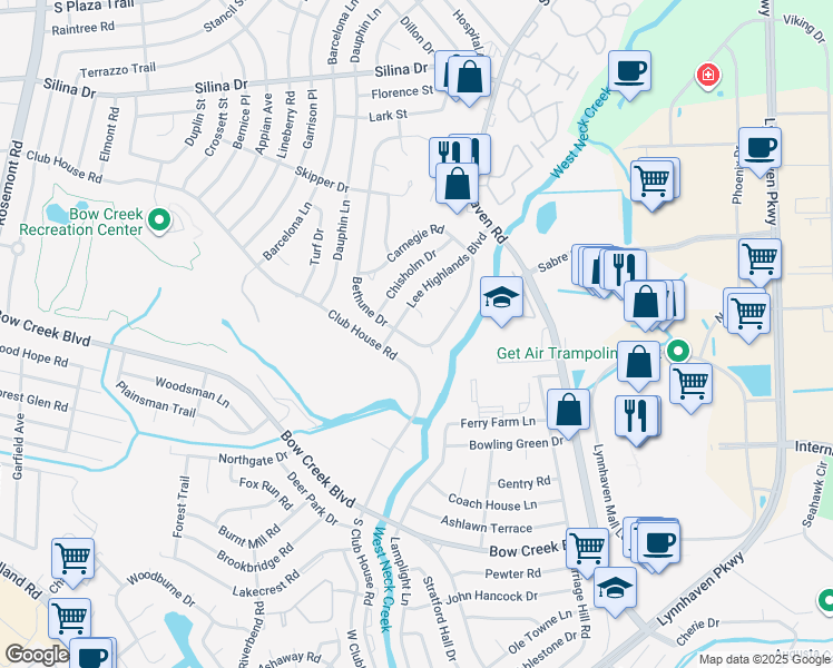 map of restaurants, bars, coffee shops, grocery stores, and more near 465 Lee Highlands Boulevard in Virginia Beach