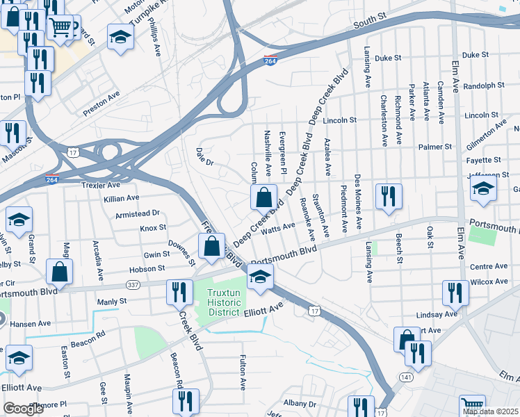 map of restaurants, bars, coffee shops, grocery stores, and more near 2423 Columbus Avenue in Portsmouth