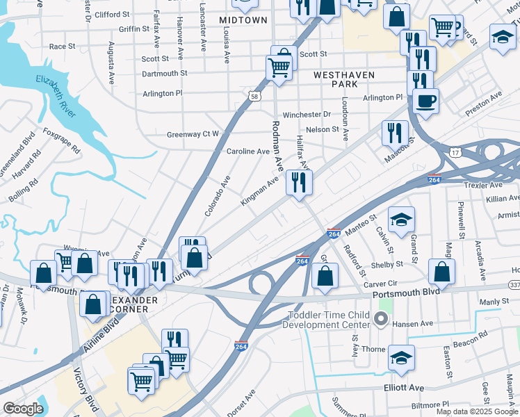 map of restaurants, bars, coffee shops, grocery stores, and more near 3725 Kingman Avenue in Portsmouth
