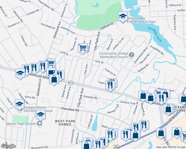 map of restaurants, bars, coffee shops, grocery stores, and more near 21 Byers Avenue in Portsmouth