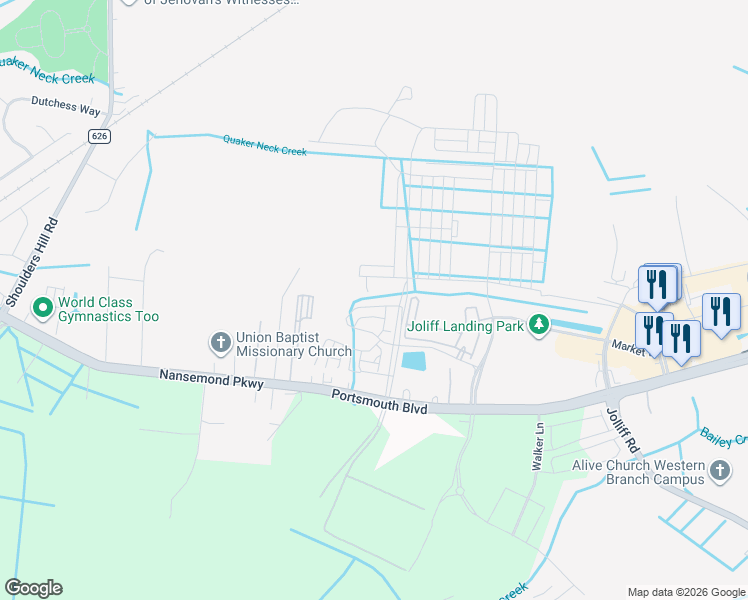 map of restaurants, bars, coffee shops, grocery stores, and more near 5231 Lombard Street in Chesapeake