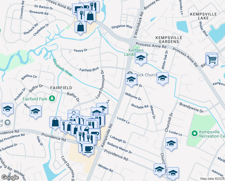 map of restaurants, bars, coffee shops, grocery stores, and more near 5216 Baptist Circle in Virginia Beach