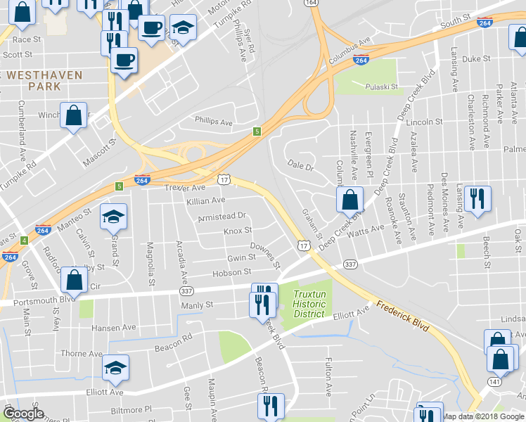 map of restaurants, bars, coffee shops, grocery stores, and more near 2716 Bagley Street in Portsmouth
