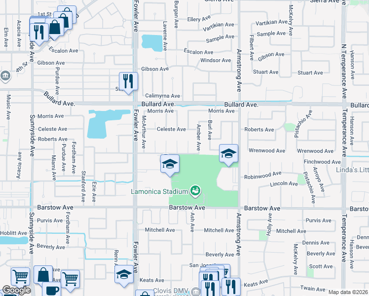 map of restaurants, bars, coffee shops, grocery stores, and more near 820 Burgan Avenue in Clovis