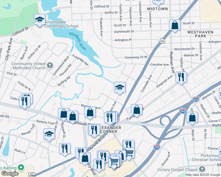 map of restaurants, bars, coffee shops, grocery stores, and more near 81 Kansas Avenue in Portsmouth