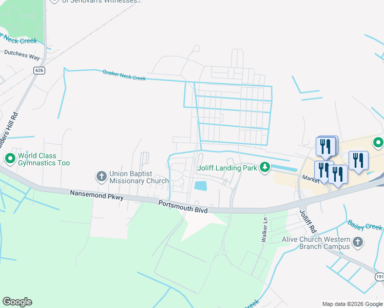 map of restaurants, bars, coffee shops, grocery stores, and more near 5265 Lombard Street in Chesapeake