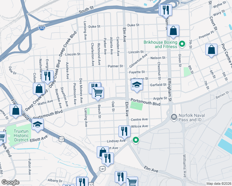 map of restaurants, bars, coffee shops, grocery stores, and more near Oak St & Hoover St in Portsmouth