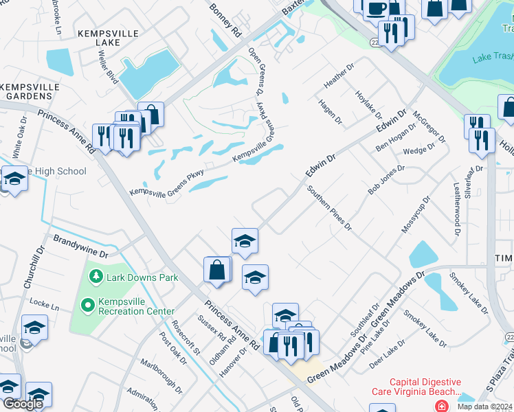 map of restaurants, bars, coffee shops, grocery stores, and more near 644 Meadows Drive in Virginia Beach