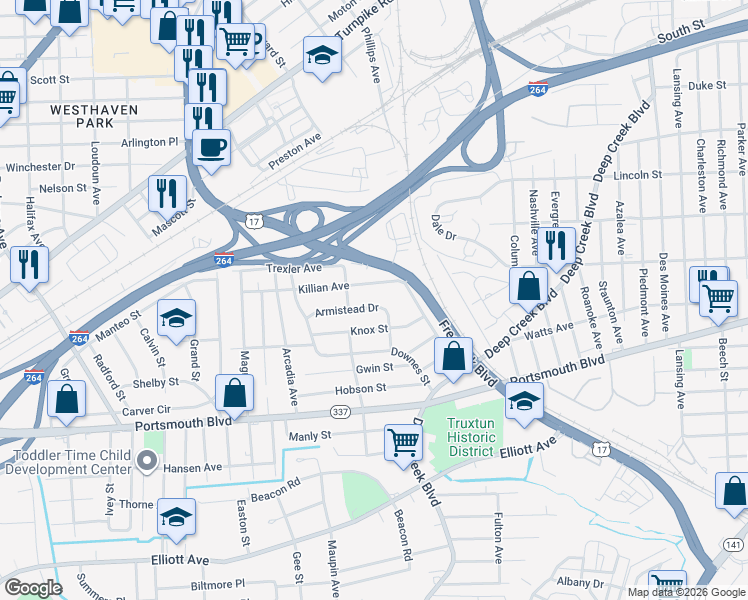 map of restaurants, bars, coffee shops, grocery stores, and more near 3212 Armistead Drive in Portsmouth
