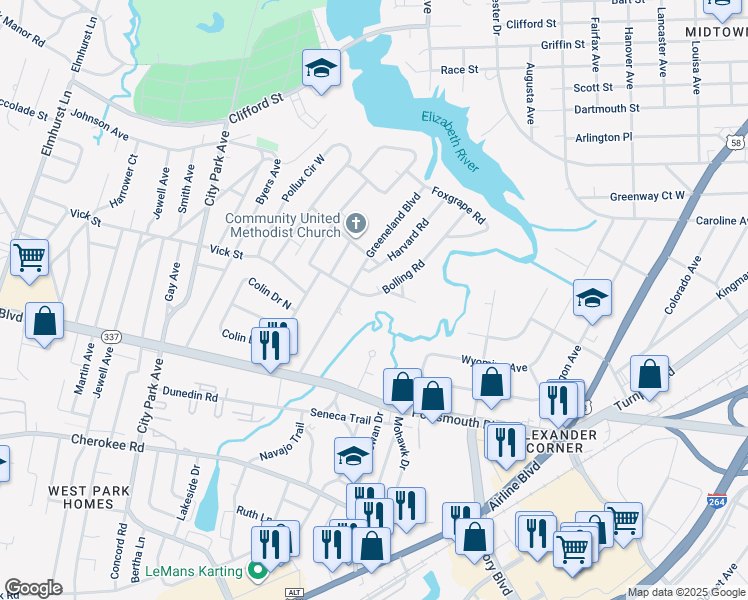map of restaurants, bars, coffee shops, grocery stores, and more near 50 Bolling Road in Portsmouth