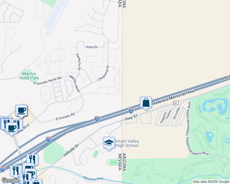 map of restaurants, bars, coffee shops, grocery stores, and more near 711 Aztec Circle in Mesquite