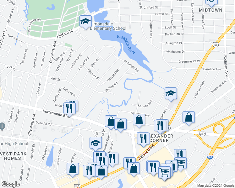 map of restaurants, bars, coffee shops, grocery stores, and more near 74 Bolling Road in Portsmouth
