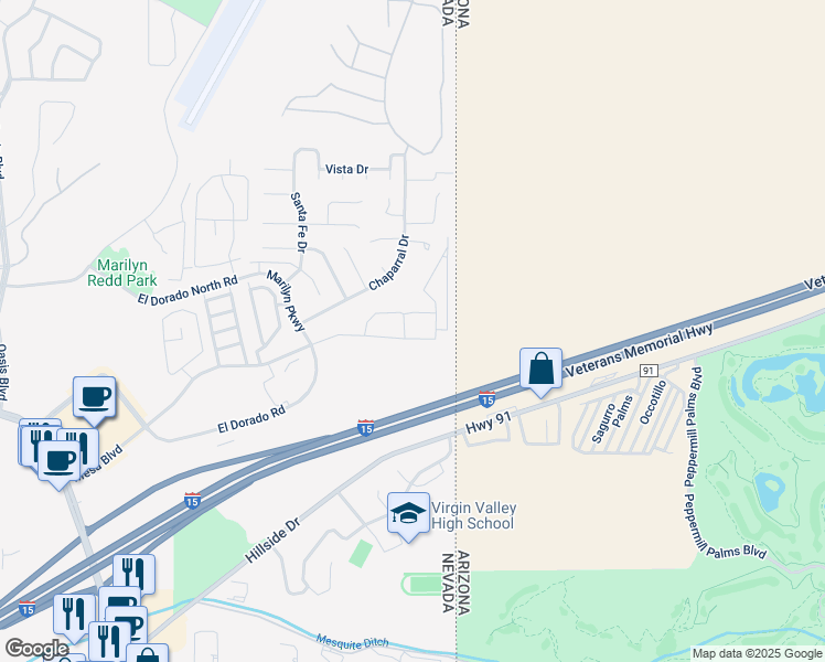map of restaurants, bars, coffee shops, grocery stores, and more near 738 Mesa Springs Drive in Mesquite