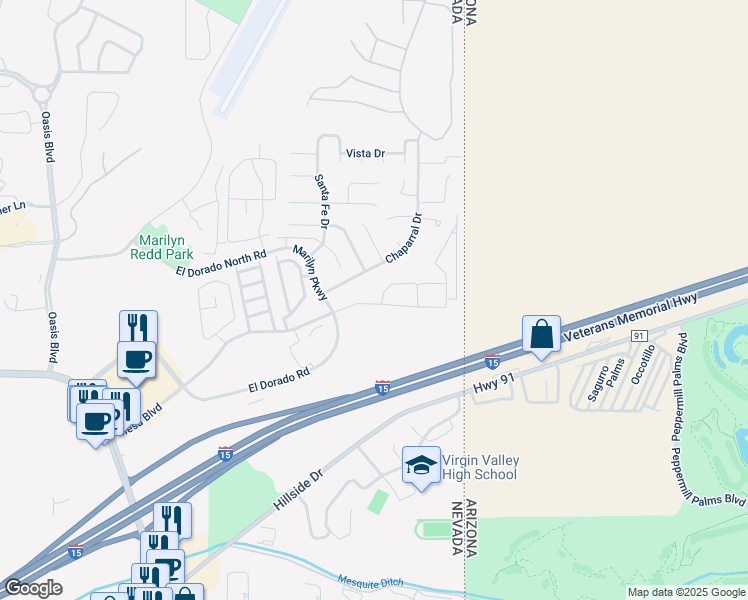 map of restaurants, bars, coffee shops, grocery stores, and more near 709 Mesa Springs Drive in Mesquite