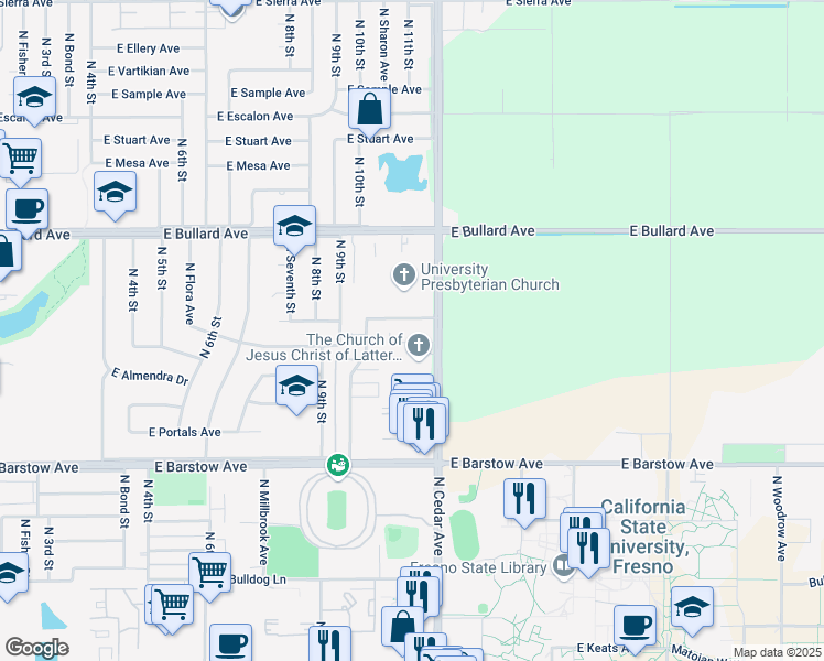 map of restaurants, bars, coffee shops, grocery stores, and more near 1776 East Roberts Avenue in Fresno