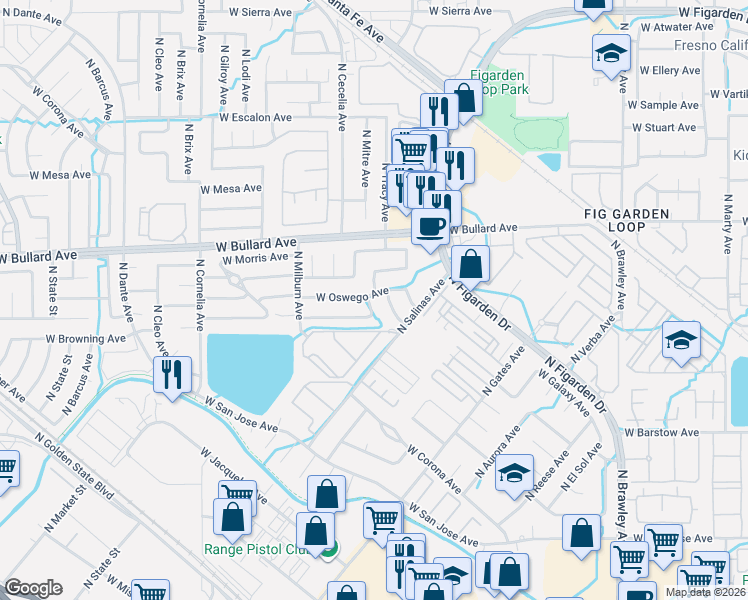 map of restaurants, bars, coffee shops, grocery stores, and more near 4448 West Oswego Avenue in Fresno