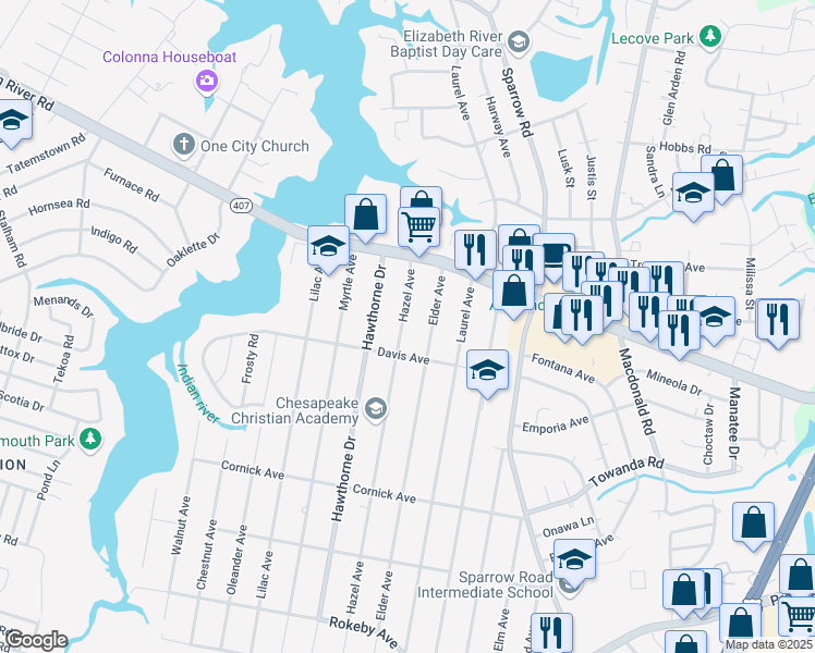 map of restaurants, bars, coffee shops, grocery stores, and more near 1126 Hazel Avenue in Chesapeake