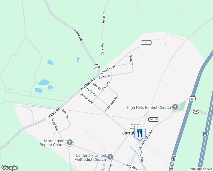 map of restaurants, bars, coffee shops, grocery stores, and more near 300-318 Pine St in Jarratt