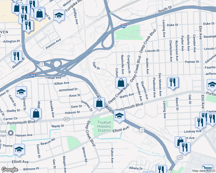 map of restaurants, bars, coffee shops, grocery stores, and more near 1 Lexington Drive in Portsmouth