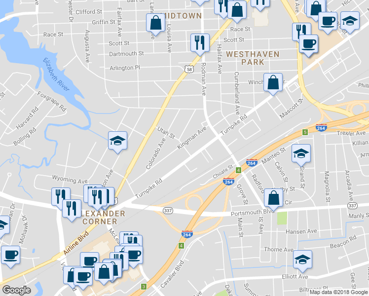 map of restaurants, bars, coffee shops, grocery stores, and more near 109 Utah Street in Portsmouth